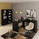 Conjunto 3 Peças com Mesa para Escritório em L, Estante Livreiro Aberta e com 2 Portas Conjunto 3 Peças com Mesa para Escritório em L, Estante Livreiro Aberta e com 2 Portas