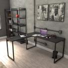 Conjunto 3 Peças com Mesa para Escritório em L Kuadra e 2 Estantes Multiuso 5 Prateleiras Industrial Ônix