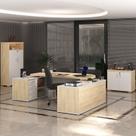 Conjunto 3 Peças com Mesa para Escritório Presidente, Armário Multiuso Alto e Baixo em Tamburato Carvalho Branco