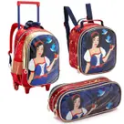 Conjunto 3 Peças Material Escolar Princesa Mochila de Rodinhas + Lancheira Térmica + Estojo Porta Caneta Giz Lápis Menina Criança Aulas Resistente