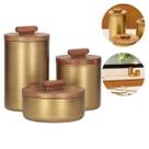 Conjunto 3 Potes Dourados Em Metal Com Tampa De Madeira Design Moderno