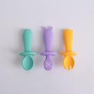 Conjunto 3 Talheres Silicone Infantil Treino Primeiras Papinhas Design Animais Ergonômico Seguro Para Bebês Premium