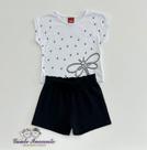 Conjunto 4/16 Blusa Cropped Kyly Branca com Borboleta Aplicada e Shorts Preto