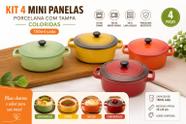 Conjunto 4 mini panelas de porcelana com tampa coloridas 15cm x 8cm 150ml