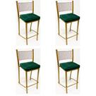 Conjunto 4 peças Banqueta Empilhável Alta para Bar cor Dourado Fosco assento veludo verde