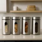 Conjunto 4 Potes de Inox com Visor Vítreo Hermético 1,3 L Conjunto 4 Potes de Inox com Visor Vítreo Hermético 1,3 L