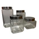 Conjunto 4 Potes de Vidro Hermético Quadrado com Tampa Inox