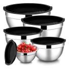 Conjunto 5 Bowls Inox Aço com Tampas Pretas Empilháveis para Preparar e Armazenar Alimentos Cozinha Conjunto 5 Bowls Inox Aço com Tampas Pretas Empilháveis para Preparar e Armazenar Alimentos Cozinha