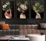 Conjunto 5 Quadros Decorativos Mulher Flores Arte"