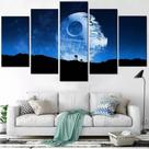 Conjunto 5 Quadros Lua Cheia Fundo Azul"
