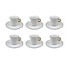 Conjunto 6 Xícaras de Café com Pires em Cerâmica Branca e Dourada 80ml PC2006 BTC