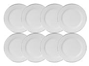 Conjunto 8 Prato Raso Tramontina Filete Prata Porcelana Branca Prateado