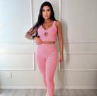 Conjunto Academia Top e Calça Cor Rosa Listrado Tamanho Unico Conjunto Academia Top e Calça Cor Rosa Listrado Tamanho Unico