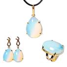 Conjunto Anel Brinco e Pingente Pedra Da Lua Opalina Dourado