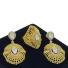 Conjunto Anel e Brincos Cristais Opala Raiado Cravação Zirconias Banho Ouro 18k 3783 3784