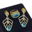 Conjunto Anel e Brincos Cristais Turmalina Azul Neon Banho Ouro 18k 3483 3494 Conjunto Anel e Brincos Cristais Turmalina Azul Neon Banho Ouro 18k 3483 3494