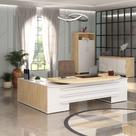 Conjunto Artany Mesa Presidente, Balcão com Gavetas e Armário com Nicho Cor Carvalho com Branco