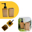 Conjunto Banheiro 2 Peças em Ceramica e Bambu Porta Sabonete e Porta Escova Premium Bege Conjunto Banheiro 2 Peças em Ceramica e Bambu Porta Sabonete e Porta Escova Premium Bege