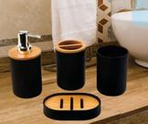 Conjunto Banheiro Kit Lavabo 4 Peças Com Dispenser Porta Escova Saboneteira E Porta Trecos Em Bambu