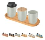 Conjunto Banheiro Osaka Cerâmica Dispenser Escova Bambu