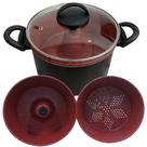 Conjunto Banho Maria Preto Vermelho e Preto 3x1 Antiaderente Caldeirão Tampa de Vidro