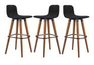 Conjunto Banqueta Alta Tecido Linho Preto Detalhe em Aço Cor Preto para Balcão - 3 Unidades