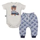 Conjunto Bebê Body Suedine e Culote Pique Branco e Azul Urso e Carrinhos Upi Uli