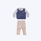 Conjunto Bebê Camisa Manga Longa Branca Com Colete Tricô Azul E Calça Sarja Menino Vigat 1011 Branco