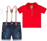 Conjunto Bebê Camisa Vermelho Polo e Bermuda Jeans c/Suspensório Aconchego