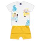 Conjunto bebê camiseta branca bichinhos e bermuda amarela Kiko e Kika