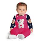 Conjunto Bebê Jardineira Pink Moletom e Body Marinho Ursinhos Kyly
