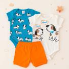 Conjunto Bebe Menino 3 Peças Manga Curta Algodão
