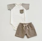Conjunto Bebê Menino Grow Up Body com Bermuda Bege Para Passeio Dia a Dia Verão