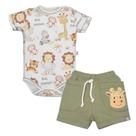 Conjunto Bebês Body Curto Suedine Animais Safári e Short Verde Upi Uli