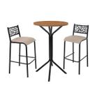 Conjunto bistro ciplafe dani 2 banquetas alta tubo preto fosco com tampo madeira amendoa 0,65m redondo