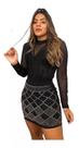 Conjunto Blusa Bory De Tule Manga Longa E Saia Strass