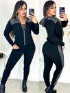 Conjunto blusa com zíper frontal, capuz e calça com bolsos em Tecido Crepe Premium, conjunto feminino preto legging jaqueta casaco touca frio inverno