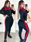 Conjunto blusa com zíper frontal, capuz e calça com bolsos em Tecido Crepe Premium, conjunto feminino preto legging jaqueta casaco touca frio inverno
