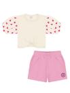 Conjunto Blusa Cropped Manga Bufante E Short Natural E Rosa Abrange Conjunto Blusa Cropped Manga Bufante E Short Natural E Rosa Abrange