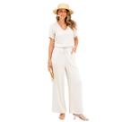 Conjunto Blusa e Calça Pantalona Lisa Feminina em Linho com Viscose Elegante Casual