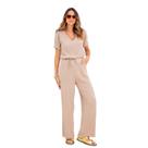Conjunto Blusa e Calça Pantalona Lisa Feminina em Linho com Viscose Elegante Casual