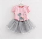 Conjunto Blusa e Saia de Tule Infantil Moda Casual Estampa de Gatinho Cores Diversas