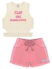 Conjunto Blusa E Short Com Recorte Natural E Rosa Abrange Conjunto Blusa E Short Com Recorte Natural E Rosa Abrange