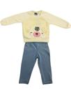 Conjunto Blusa Moletom Bordado Ursinha Bege e Legging tipo Jeans Azul