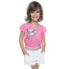 Conjunto Blusa Rosa Unicónio Espacial e Short Branco Elástico Rainbow Have Fun