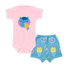 Conjunto Body Bebê Manga Curta Cat Ice Rosa