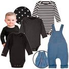 Conjunto Body Bebe Manga Longa e jardineira Unissex Minimalista Preto