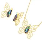 Conjunto Borboleta Brinco Colar Pedra Abalone Banhado Ouro