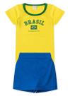 Conjunto Brasil Infantil Menina Blusa Amarela e Shorts Saia Azul Copa do Mundo