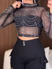Conjunto Brilhante Cropped Manga Longa Transparente, Calça Cargo